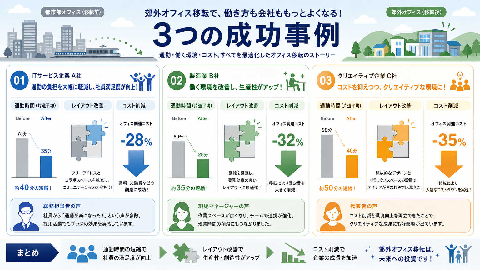 郊外オフィス移転・導入の具体的な事例